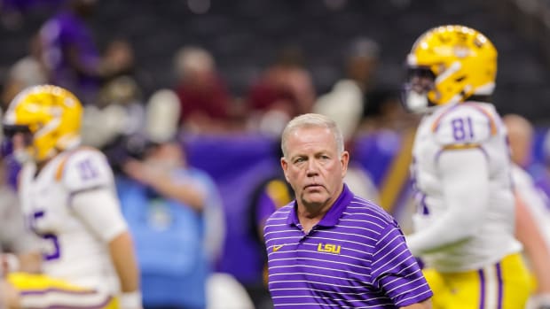 Sep 4, 2022; New Orleans, Louisiana, USA; LSU Tigers head coach Brian Kelly looks on before the game against the Florida State Seminoles at Caesars Superdome. Mandatory Credit: Stephen Lew-USA TODAY Sports