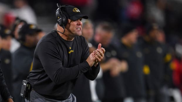 Nov 9, 2019; Athens, GA, USA; Missouri Tigers head coach Barry Odom reacts after a play against the Georgia Bulldogs during the first half at Sanford Stadium.