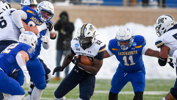 Montana State s Isaiah Ifanse carries the ball in the FCS semifinal game against South Dakota State on Saturday, December 17, 2022, at Dana J. Dykhouse Stadium in Brookings, SD.