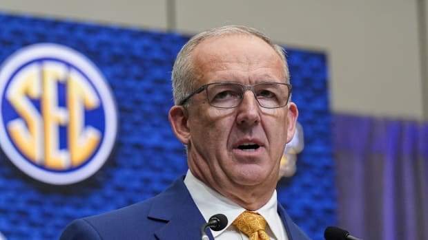 Jul 18, 2022; Atlanta, GA, USA; SEC commissioner Greg Sankey delivers comments to open SEC Media Days at the College Football Hall of Fame.