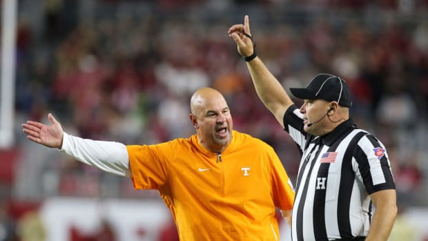 Tennessee Head Coach Jeremy Pruitt yells at an official after a call that went against Tennessee during the Crimson Tide's 35-13 victory in Bryant-Denny Stadium Saturday, Oct. 19, 2019.