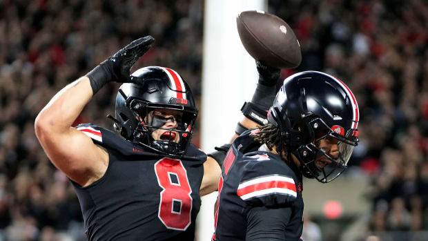 Sep 24, 2022; Columbus, Ohio, USA; Ohio State Buckeyes tight end Cade Stover (8) celebrate his touchdown catch with quarterback C.J. Stroud (7) in the first quarter of the NCAA football game between Ohio State Buckeyes and Wisconsin Badgers at Ohio Stadium.