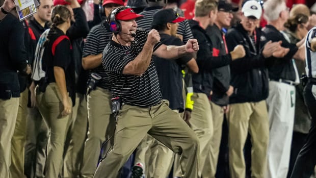 Nov 5, 2022; Athens, Georgia, USA; Georgia Bulldogs head coach Kirby Smart (red visor) reacts as time runs out during the game against the Tennessee Volunteers during the second half at Sanford Stadium.