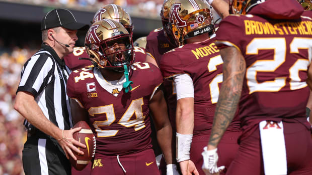 Sep 17, 2022; Minneapolis, Minnesota, USA; Minnesota Golden Gophers running back Mohamed Ibrahim (24) celebrates a touchdown against the Colorado Buffaloes during the second quarter at Huntington Bank Stadium.
