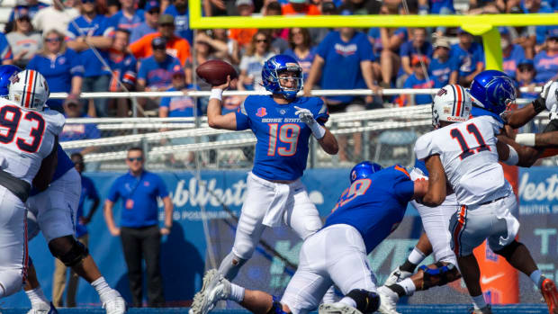 Sep 17, 2022; Boise, Idaho, USA; Boise State Broncos quarterback Hank Bachmeier (19) during the first half of action at Albertsons Stadium versus Tennessee Martin Skyhawks .