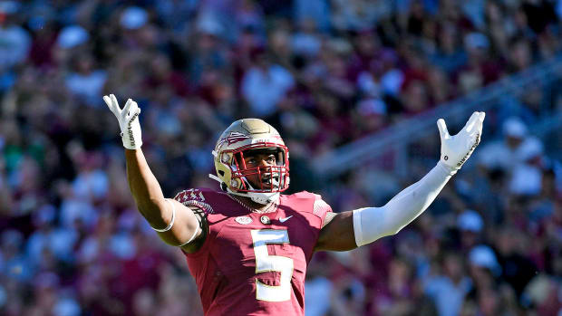 Oct 1, 2022; Tallahassee, Florida, USA; Florida State Seminoles defensive end Jared Verse (5) celebrates a sack during the first half against the Wake Forest Demon Deacons at Doak S. Campbell Stadium.
