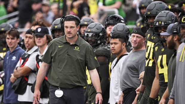 Sep 17, 2022; Eugene, Oregon, USA; Oregon Ducks head coach Dan Lanning watches the game from the sidelines during the first half against the Brigham Young Cougars at Autzen Stadium. Oregon won the game 41-20.