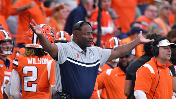 Sep 17, 2022; Syracuse, New York, USA; Syracuse Orange head coach Dino Babers reacts to a play against the Purdue Boilermakers in the third quarter at JMA Wireless Dome.