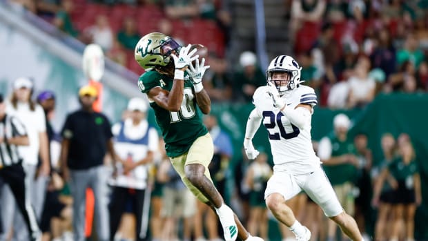 Sep 3, 2022; Tampa, Florida, USA; South Florida Bulls wide receiver Xavier Weaver (10) catches a pass during the first half against the Brigham Young Cougars at Raymond James Stadium.