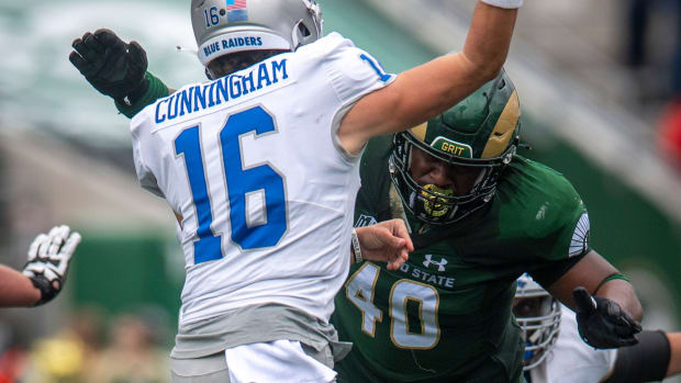 Colorado State football player Devin Phillips takes aim at Middle Tennessee quarterback Chase Cunningham during a game at Canvas Stadium in Fort Collins, Colo. on Saturday, Sept. 10, 2022.