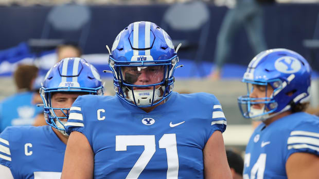 Sep 29, 2022; Provo, Utah, USA; Brigham Young Cougars offensive lineman Blake Freeland (71) before playing against the Utah State Aggies at LaVell Edwards Stadium.