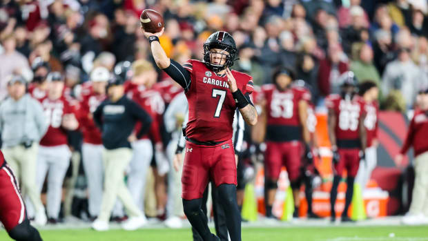 Nov 19, 2022; Columbia, South Carolina, USA; South Carolina Gamecocks quarterback Spencer Rattler (7) throws a pass against the Tennessee Volunteers in the second quarter at Williams-Brice Stadium.