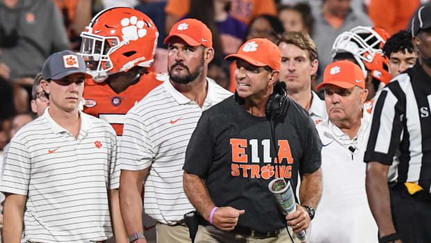 Sep 17, 2022; Clemson, South Carolina, USA; Clemson Tigers head coach Dabo Swinney reacts after a pass against the Louisiana Tech Bulldogs was broken up with no pass interference call during the third quarter at Memorial Stadium.