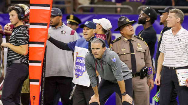 Sep 4, 2022; New Orleans, Louisiana, USA; Florida State Seminoles head coach Mike Norvell looks on against the LSU Tigers during the second half of the game at Caesars Superdome.