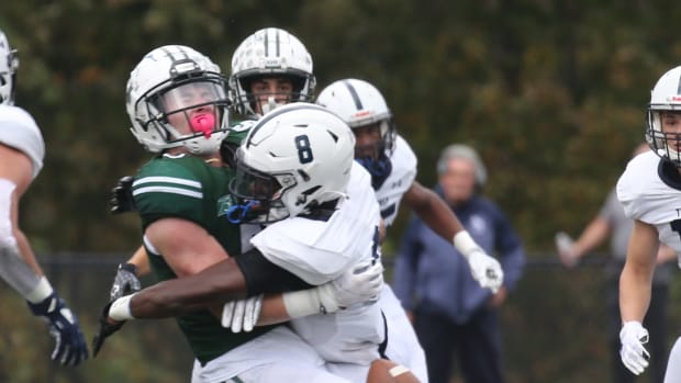 A pass intended for Dylan Hakes of Delbarton is broken up by Jaylen McClain of Seton Hall Prep in the first half as Seton Hall Prep played Delbarton in football on October 16, 2021 at Delbarton in Morristown.