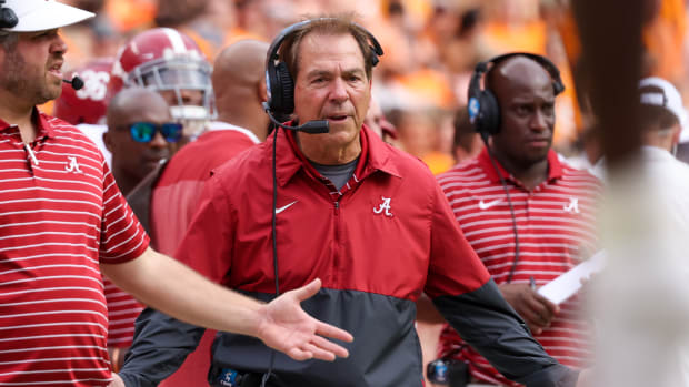 Oct 15, 2022; Knoxville, Tennessee, USA; Alabama Crimson Tide head coach Nick Saban reacts during the first half against the Tennessee Volunteers at Neyland Stadium.
