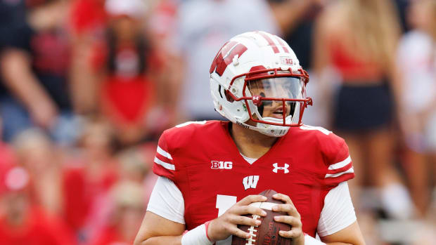 Sep 17, 2022; Madison, Wisconsin, USA; Wisconsin Badgers quarterback Deacon Hill (10) during the game against the New Mexico State Aggies at Camp Randall Stadium.