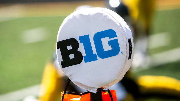 The logo of the Big Ten Conference is seen on a yard marker during Iowa Hawkeyes football Kids Day at Kinnick open practice, Saturday, Aug. 14, 2021, at Kinnick Stadium in Iowa City, Iowa.