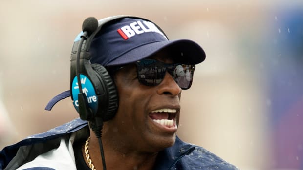 Jackson State head coach Deion Sanders shouts instructions to the Tigers during play against Texas Southern n Jackson Miss., Saturday, Oct. 29, 2022.