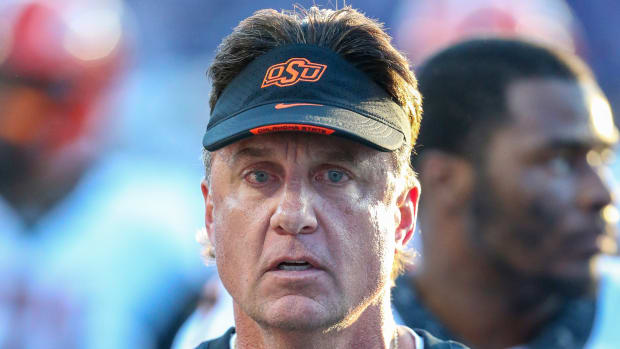 Oct 29, 2022; Manhattan, Kansas, USA; Oklahoma State Cowboys head coach Mike Gundy leaves the field following a loss to the Kansas State Wildcats at Bill Snyder Family Football Stadium.