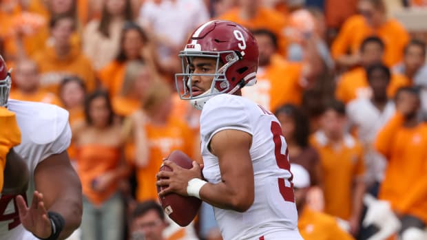 Oct 15, 2022; Knoxville, Tennessee, USA; Alabama Crimson Tide quarterback Bryce Young (9) looks to pass the ball against the Tennessee Volunteers during the first quarter at Neyland Stadium.