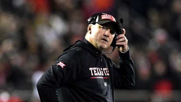 Texas Tech's head coach Joey McGuire calls for a timeout against Oklahoma in their last Big 12 home football game, Saturday, Nov. 26, 2022, Jones AT&T Stadium.