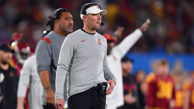 Nov 19, 2022; Pasadena, California, USA; Southern California Trojans head coach Lincoln Riley watches game action against the UCLA Bruins during the second half at the Rose Bowl.