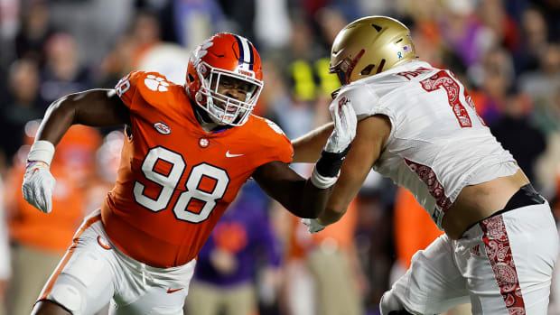 Oct 8, 2022; Chestnut Hill, Massachusetts, USA; Clemson Tigers defensive end Myles Murphy (98) rushes against the Boston College Eagles during the second quarter at Alumni Stadium.