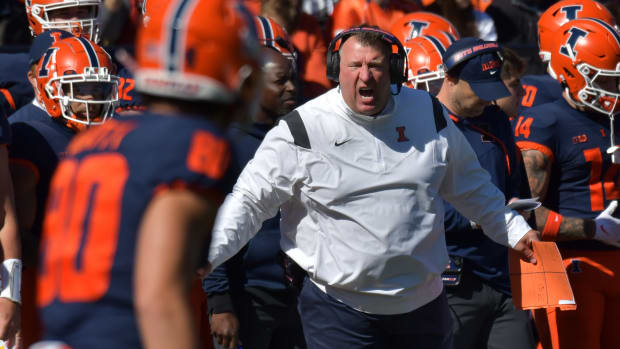Oct 15, 2022; Champaign, Illinois, USA; Illinois Fighting Illini head coach Bret Bielema on the sidelines during the first half against the Minnesota Golden Gophers at Memorial Stadium.