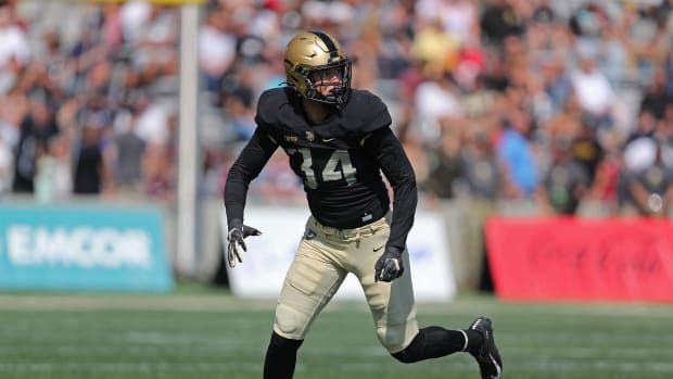 Sep 17, 2022; West Point, New York, USA; Army Black Knights outside linebacker Andre Carter II (34) during the second half against the Villanova Wildcats at Michie Stadium.