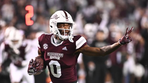 Nov 5, 2022; Starkville, Mississippi, USA; Mississippi State Bulldogs wide receiver Rara Thomas (0) gestures during a run that would result in a touchdown against the Auburn Tigers during the fourth quarter at Davis Wade Stadium at Scott Field.