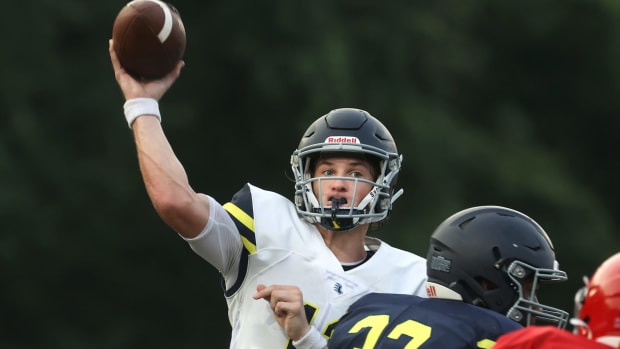 Lausanne quarterback Brock Glenn throws the ball during their scrimmage against Germantown on Friday, July 30, 2021.