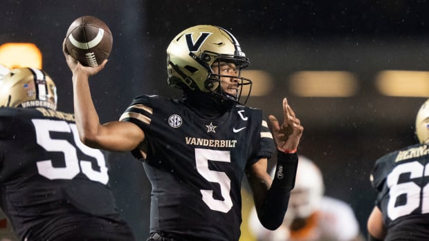 Vanderbilt quarterback Mike Wright (5) throws a pass against Tennessee during the first quarter at FirstBank Stadium Saturday, Nov. 26, 2022, in Nashville, Tenn.