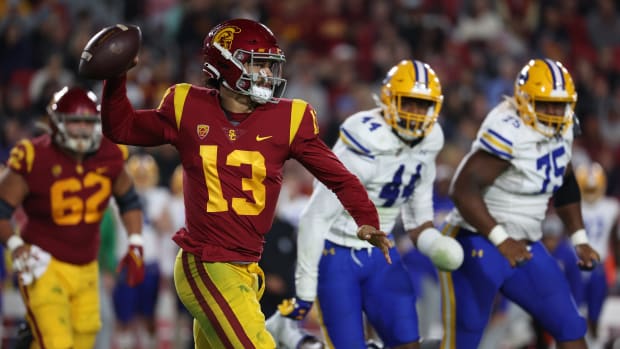Nov 5, 2022; Los Angeles, California, USA; USC Trojans quarterback Caleb Williams (13) looks to a pass during the second quarter against the California Golden Bears at United Airlines Field at Los Angeles Memorial Coliseum.