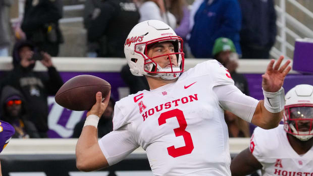 Nov 19, 2022; Greenville, North Carolina, USA; Houston Cougars quarterback Clayton Tune (3) throws the ball against the East Carolina Pirates during the second half at Dowdy-Ficklen Stadium.