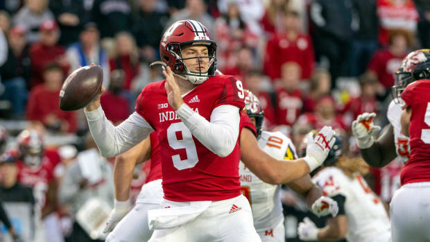 Oct 15, 2022; Bloomington, Indiana, USA; Indiana Hoosiers quarterback Connor Bazelak (9) throws a pass during the second half against the Maryland Terrapins at Memorial Stadium.