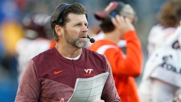 Oct 8, 2022; Pittsburgh, Pennsylvania, USA; Virginia Tech Hokies head coach Brent Pry looks on from the sidelines against the Pittsburgh Panthers during the fourth quarter at Acrisure Stadium. Pittsburgh won 45-29.