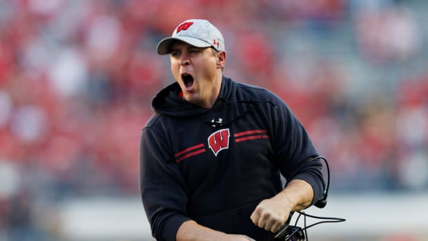 Oct 22, 2022; Madison, Wisconsin, USA; Wisconsin Badgers head coach Jim Leonhard reacts to a call during the fourth quarter against the Purdue Boilermakers at Camp Randall Stadium.