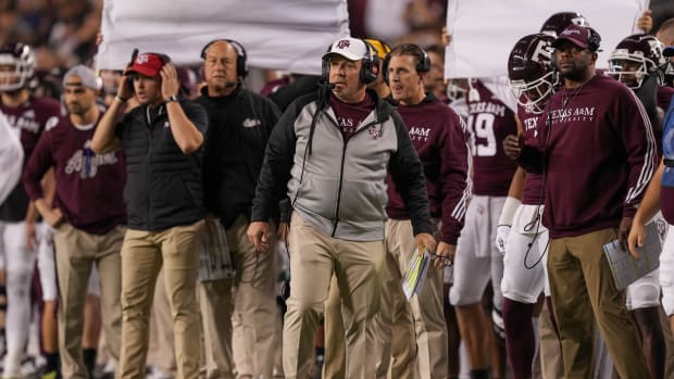 Oct 29, 2022; College Station, Texas, USA; Texas A&M Aggies head coach Jimbo Fisher looks on in the first half against the Mississippi Rebels at Kyle Field.