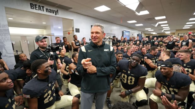 Oct 22, 2022; West Point, New York, USA; Army Black Knights head coach Jeff Monken speaks to his team in the locker room after a win against the Louisiana Monroe Warhawks at Michie Stadium.