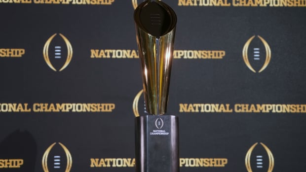 Jan 9, 2024; Houston, TX, USA; The College Football National Championship trophy at press conference at JW Marriot Houston by the Galleria.