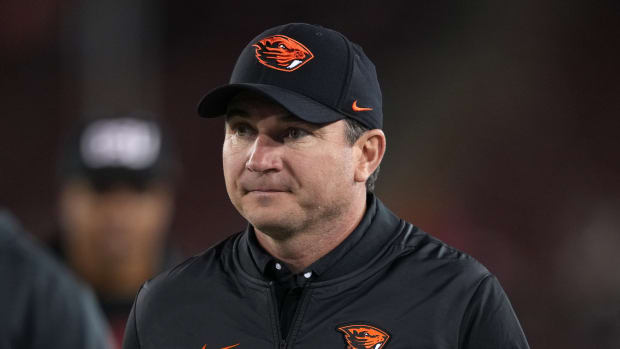 Oct 8, 2022; Stanford, California, USA; Oregon State Beavers head coach Jonathan Smith walks on the field before a game against the Stanford Cardinal at Stanford Stadium.