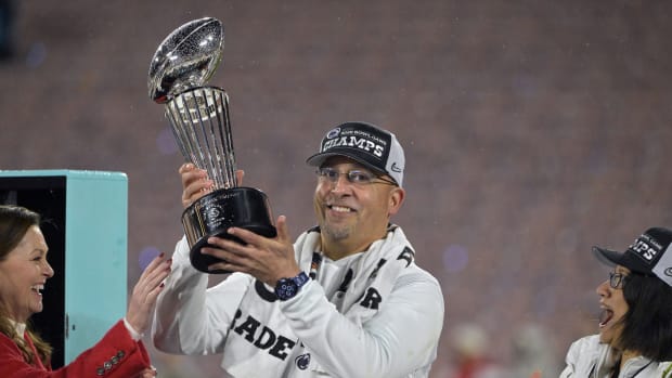 Jan 2, 2023; Pasadena, California, USA; Penn State Nittany Lions head coach James Franklin celebrates with the trophy after defeating the Utah Utes in the 109th Rose Bowl game at the Rose Bowl.