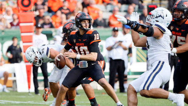 Sep 17, 2022; Portland, Oregon, USA; Oregon State Beavers quarterback Chance Nolan (10) looks to throw during the first half against the Montana State Bobcats at Providence Park.