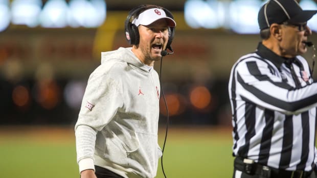 Nov 27, 2021; Stillwater, Oklahoma, USA; Oklahoma Sooners head coach Lincoln Riley yells towards an official during the fourth quarter against the Oklahoma State Cowboys at Boone Pickens Stadium. Oklahoma State won 37-33.