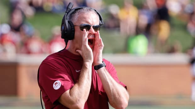 Sep 18, 2021; Winston-Salem, North Carolina, USA; Florida State Seminoles head coach Mike Norvell works the sidelines during the first quarter against the Wake Forest Demon Deacons at Truist Field.