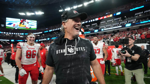 Dec 2, 2022; Las Vegas, NV, USA; Utah Utes head coach Kyle Whittingham reacts after being doused with Gatorade in the second half of the Pac-12 Championship against the Southern California Trojans at Allegiant Stadium.