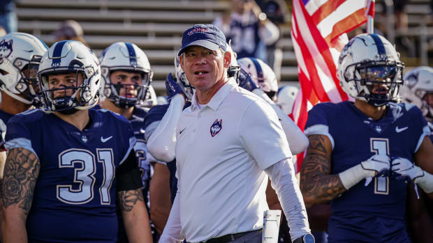 Nov 12, 2022; East Hartford, Connecticut, USA; Connecticut Huskies head coach Jim Mora before the start of the game against the Liberty Flames at Rentschler Field at Pratt & Whitney Stadium.