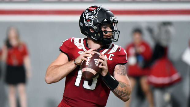 Sep 24, 2022; Raleigh, North Carolina, USA; North Carolina State Wolfpack quarterback Devin Leary (13) looks to throw during the first half against the Connecticut Huskies at Carter-Finley Stadium.