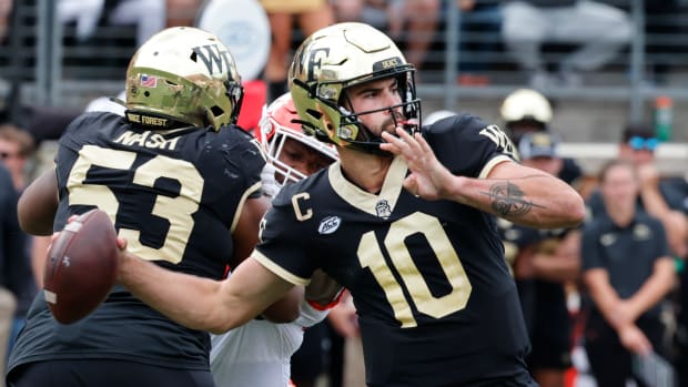 Sep 24, 2022; Winston-Salem, North Carolina, USA; Wake Forest Demon Deacons quarterback Sam Hartman (10) throws a pass during the second half against the Clemson Tigers at Truist Field.